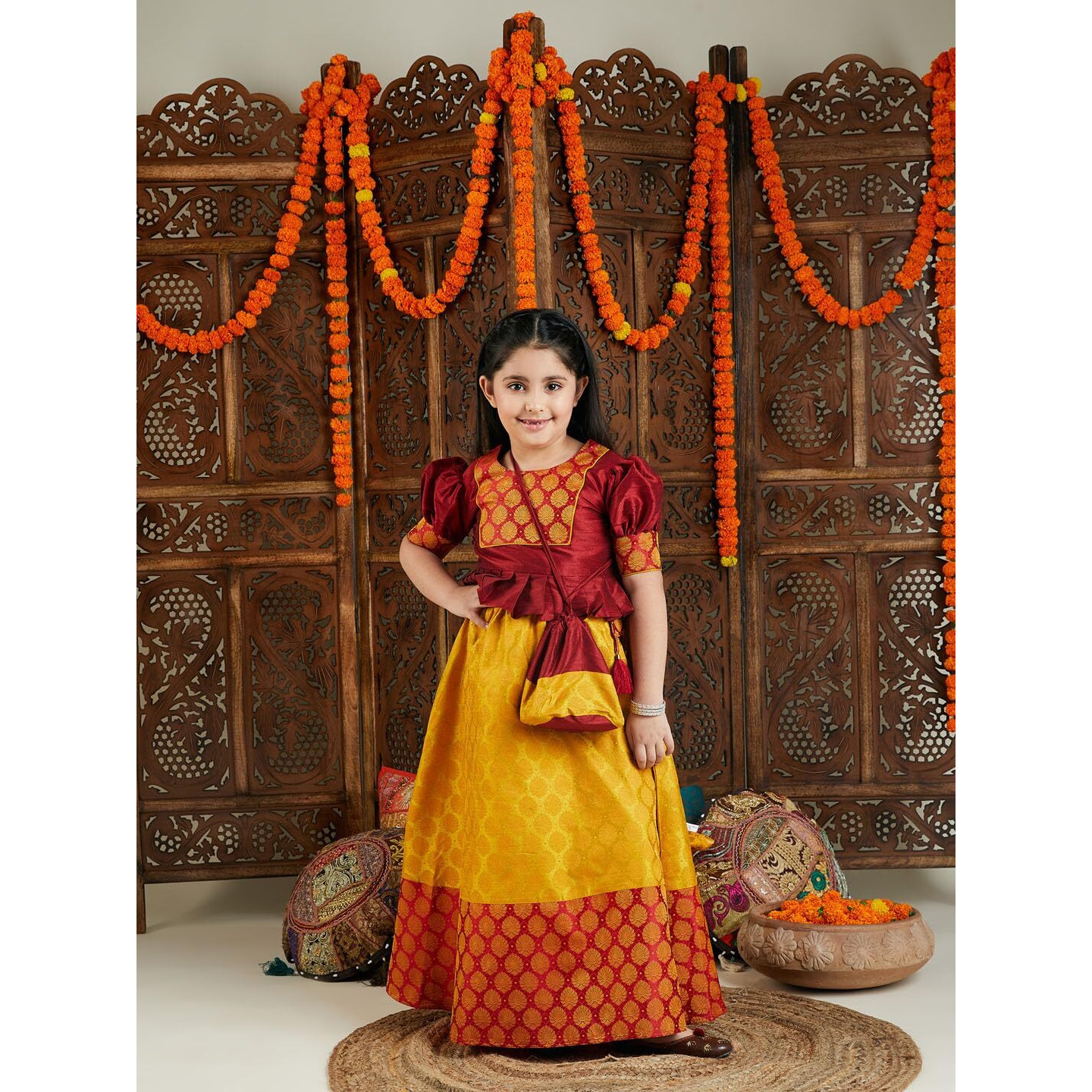 VASTRAMAY Girls' Mustard And Maroon Lehenga Set_VASGLC017YW_24
