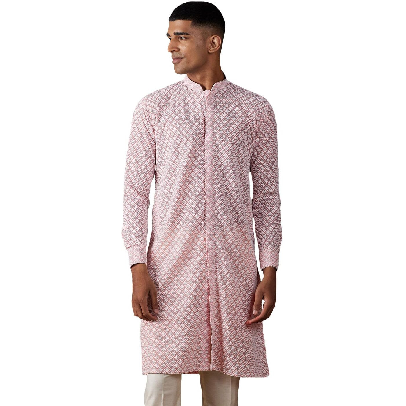 VASTRAMAY Men's Pink Georgette Kurta-VASMK181PN_38