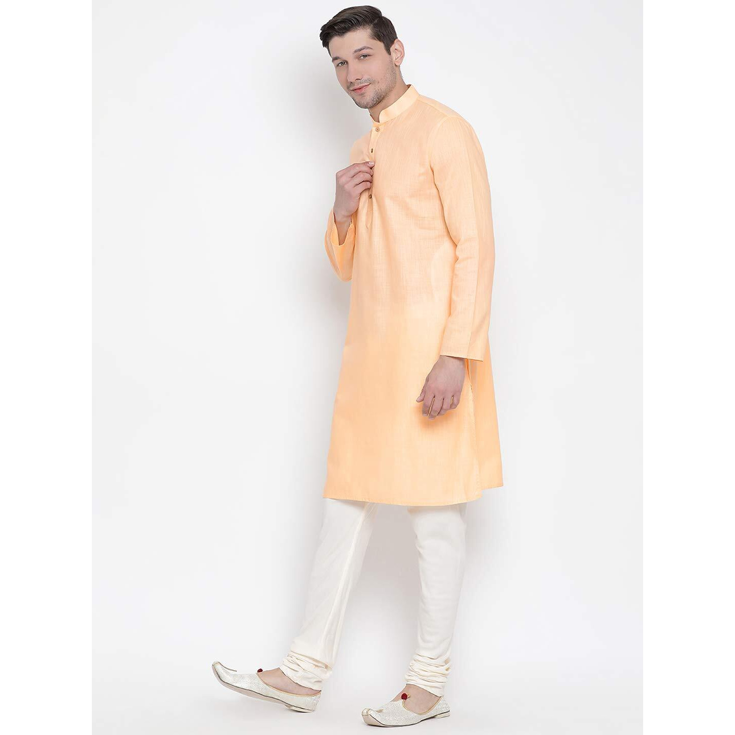 VASTRAMAY Men's Orange Cotton Linen Blend Kurta Pyjama Set_VASMK007FNnPLBCR_42