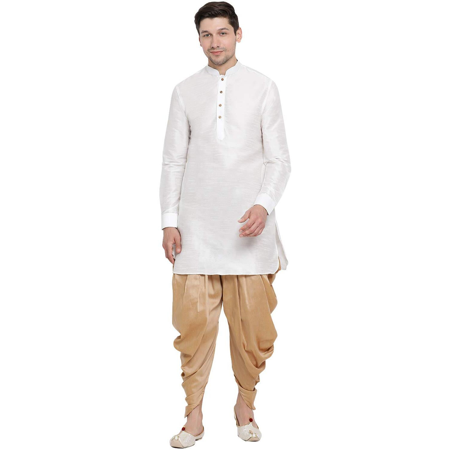 VASTRAMAY Men's White Cotton Silk Blend Kurta and Dhoti Pant Set_VASMUK001WHnCDRG_38