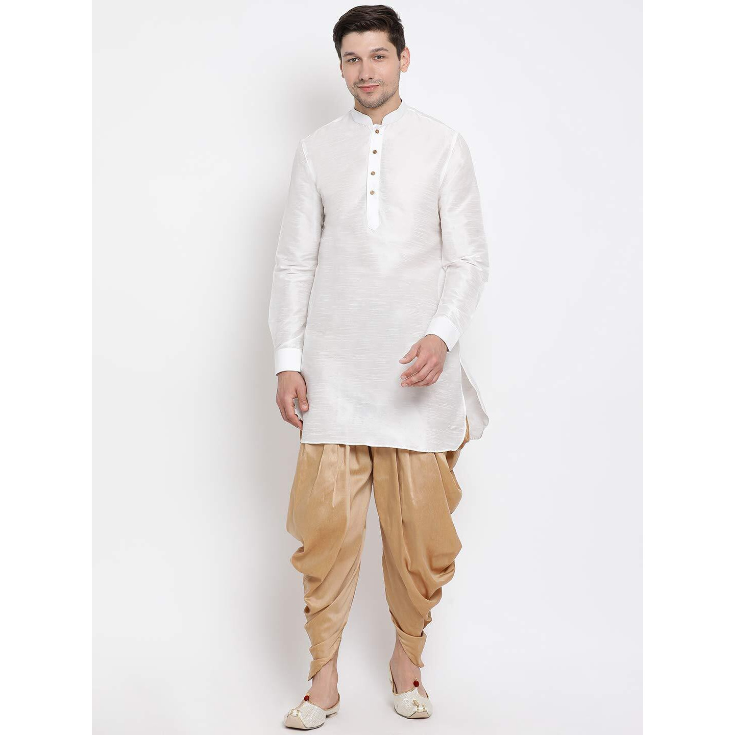 VASTRAMAY Men's White Cotton Silk Blend Kurta and Dhoti Pant Set_VASMUK001WHnCDRG_38