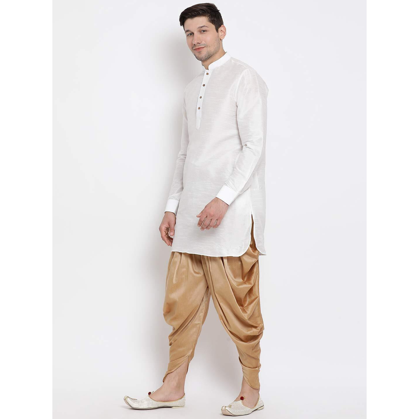 VASTRAMAY Men's White Cotton Silk Blend Kurta and Dhoti Pant Set_VASMUK001WHnCDRG_38
