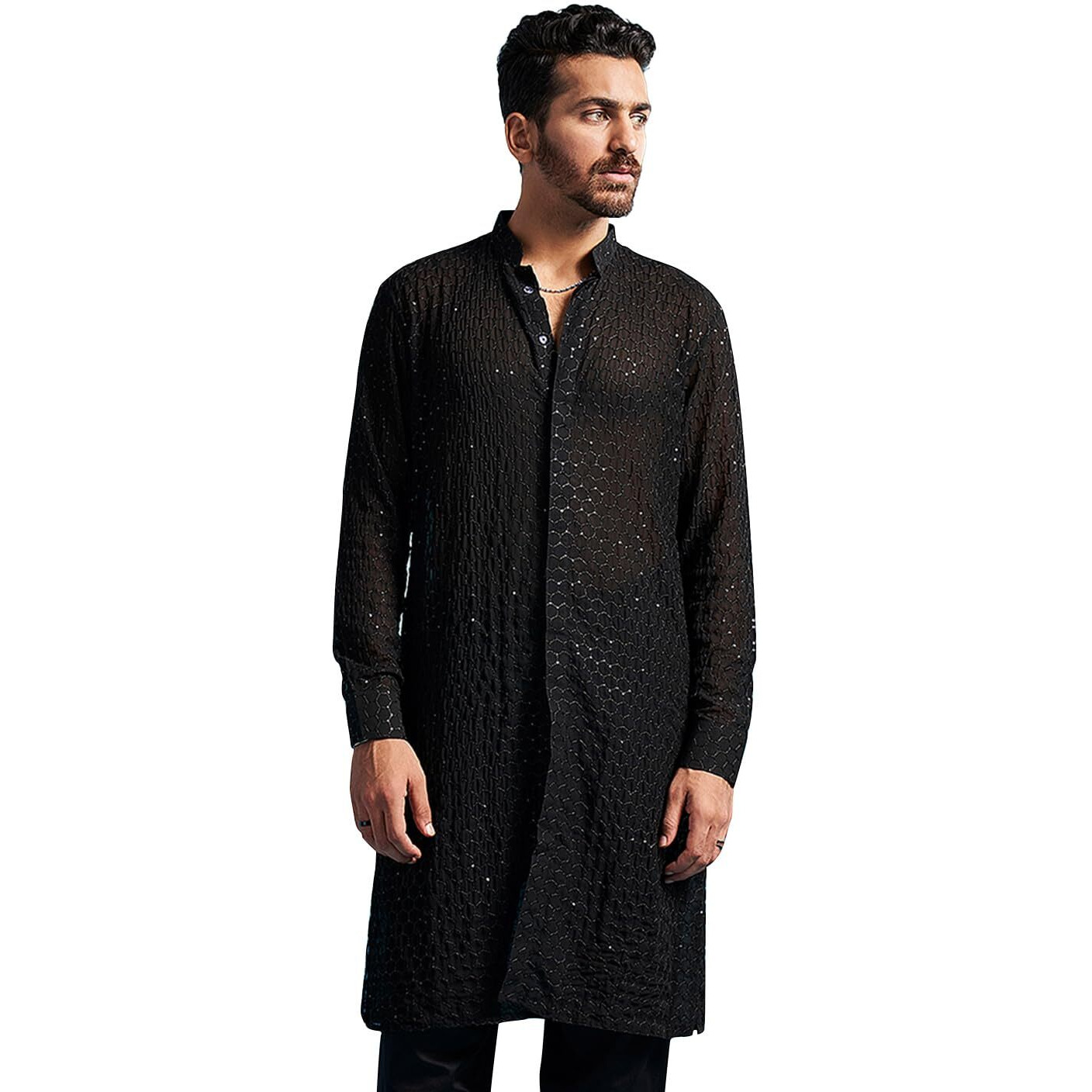 VASTRAMAY Men's Black Georgette Kurta || Embroidered Georgette Stylish Kurta for Men || Ethnic Wear for Festivals, Weddings_VASMK209BL_36