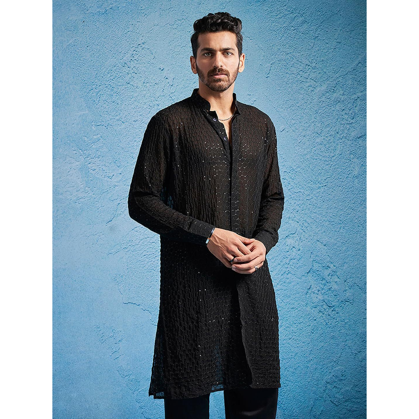 VASTRAMAY Men's Black Georgette Kurta || Embroidered Georgette Stylish Kurta for Men || Ethnic Wear for Festivals, Weddings_VASMK209BL_36