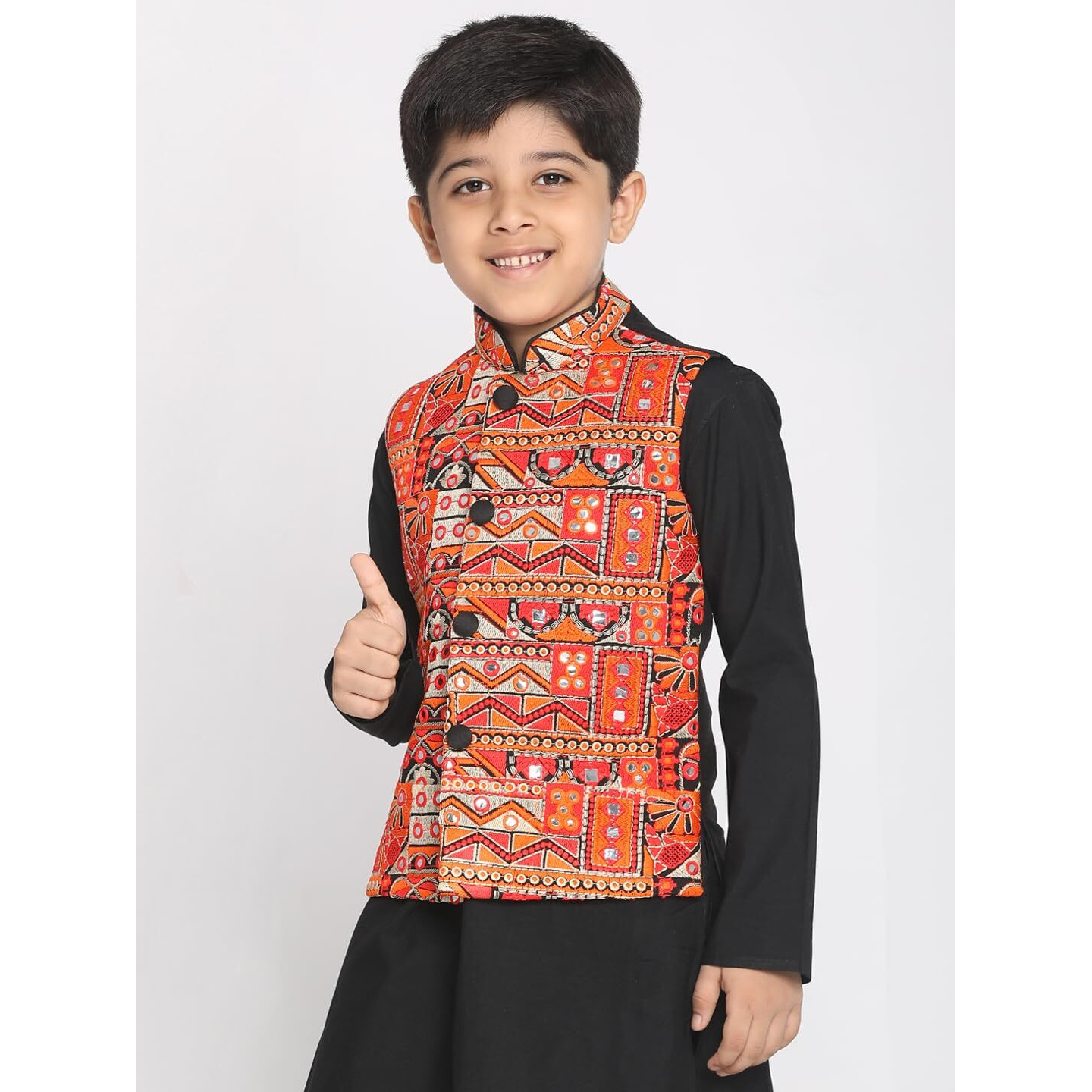 VASTRAMAY Boys' Orange And Black Nehru Jacket | Kutch Embroidered Kediyu Jacket Navratri Special - Traditional Ethnic Waistcoat - Perfect for Festivals, Weddings, and Celebrations