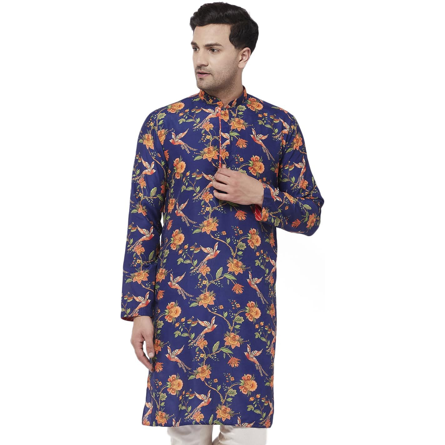 VASTRAMAY Silk Regular Men's Multicolor-Base-Navy Blue Muslin Blend Kurta (VASMK109_36_Multicolored