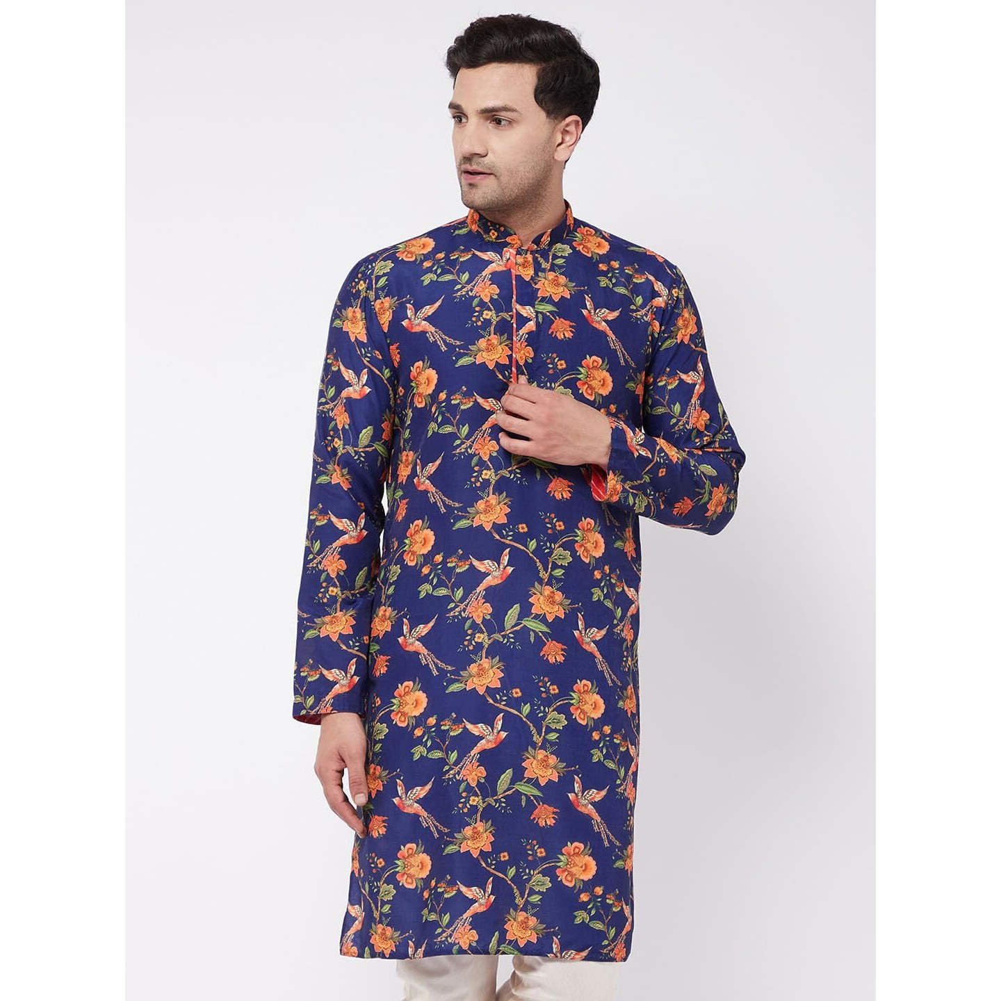 VASTRAMAY Silk Regular Men's Multicolor-Base-Navy Blue Muslin Blend Kurta (VASMK109_36_Multicolored