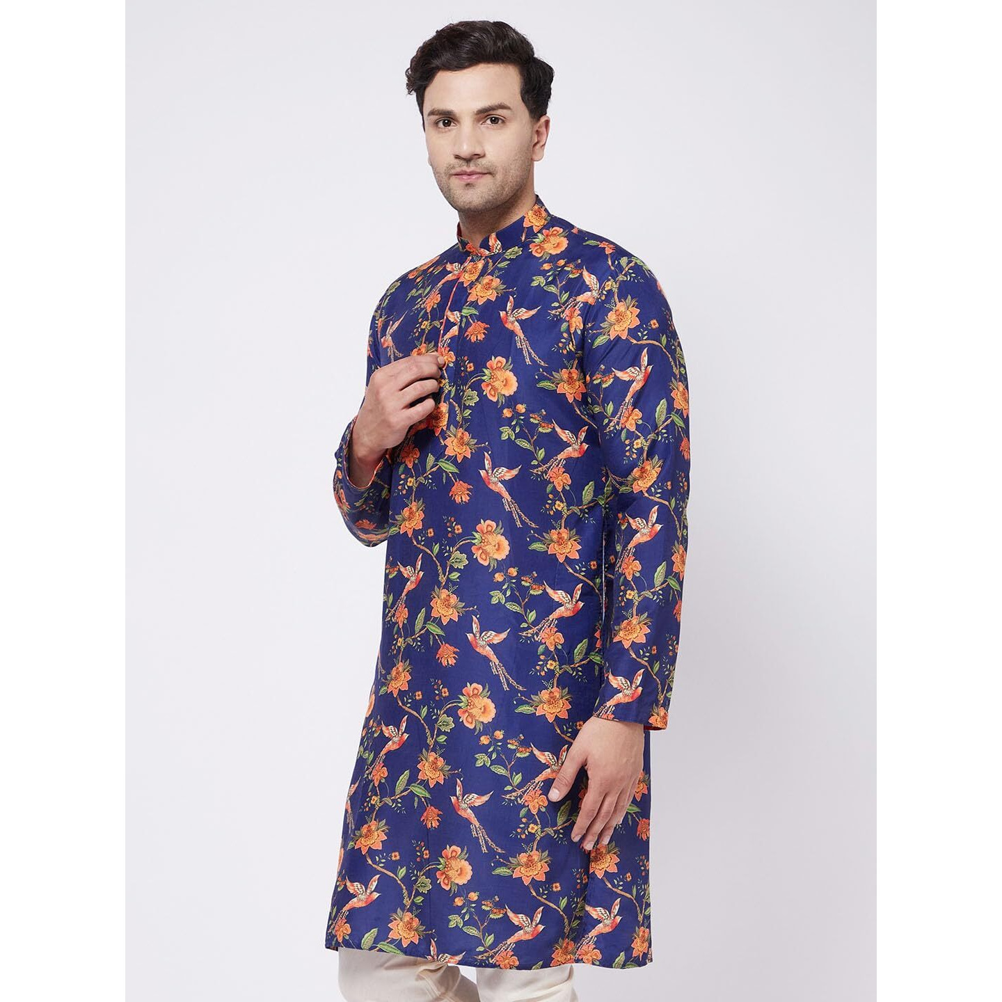 VASTRAMAY Silk Regular Men's Multicolor-Base-Navy Blue Muslin Blend Kurta (VASMK109_36_Multicolored