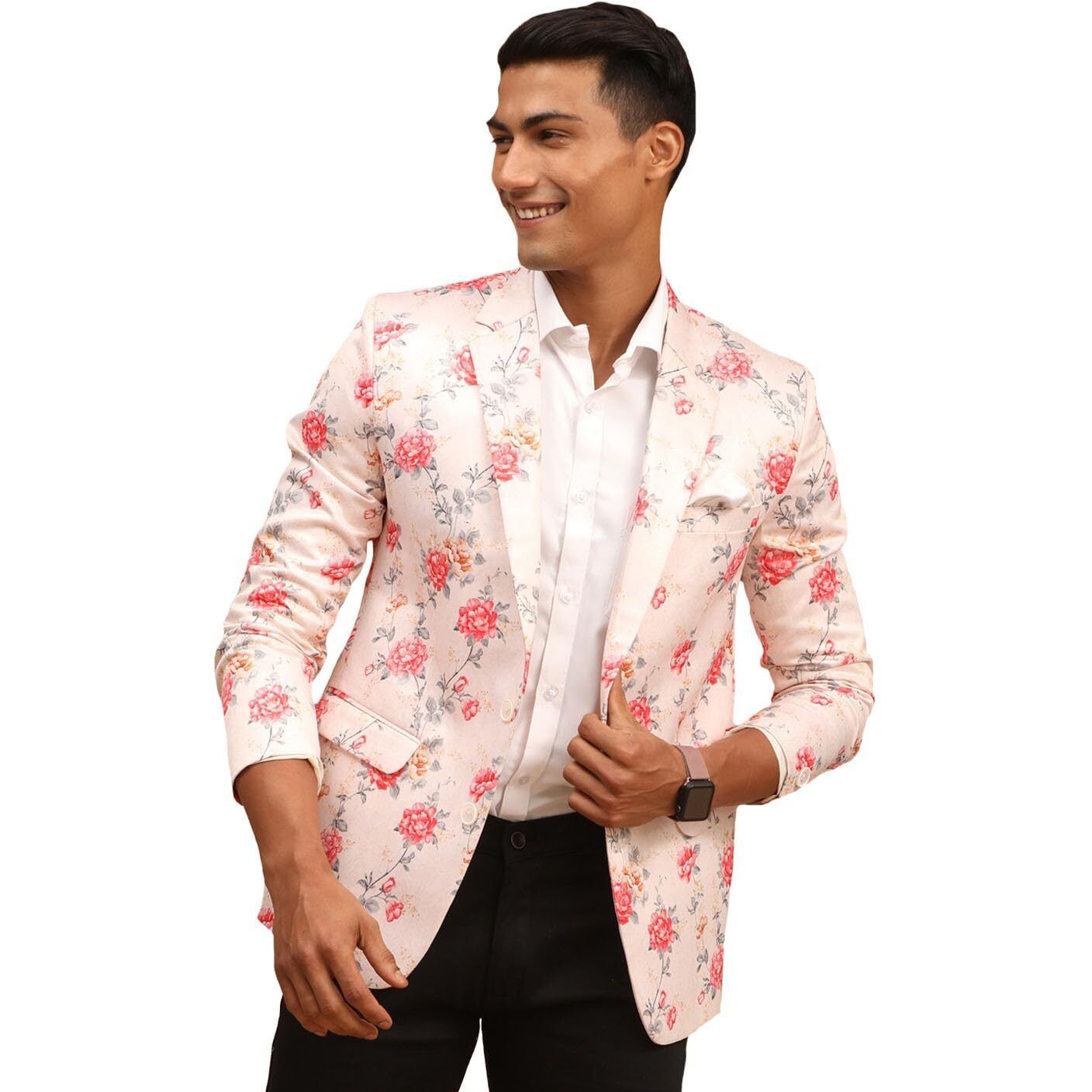 VASTRAMAY Men's Peach Printed Satin Twill Blazer_VASMCT006PH_38
