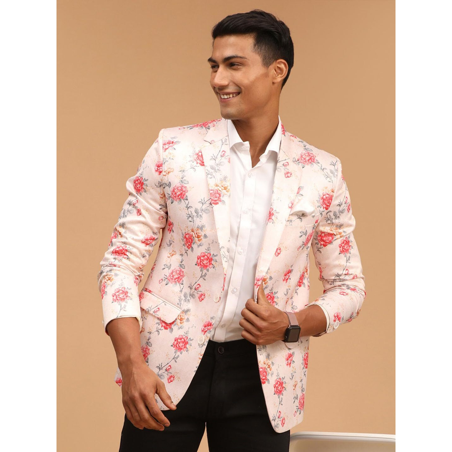 VASTRAMAY Men's Peach Printed Satin Twill Blazer_VASMCT006PH_38