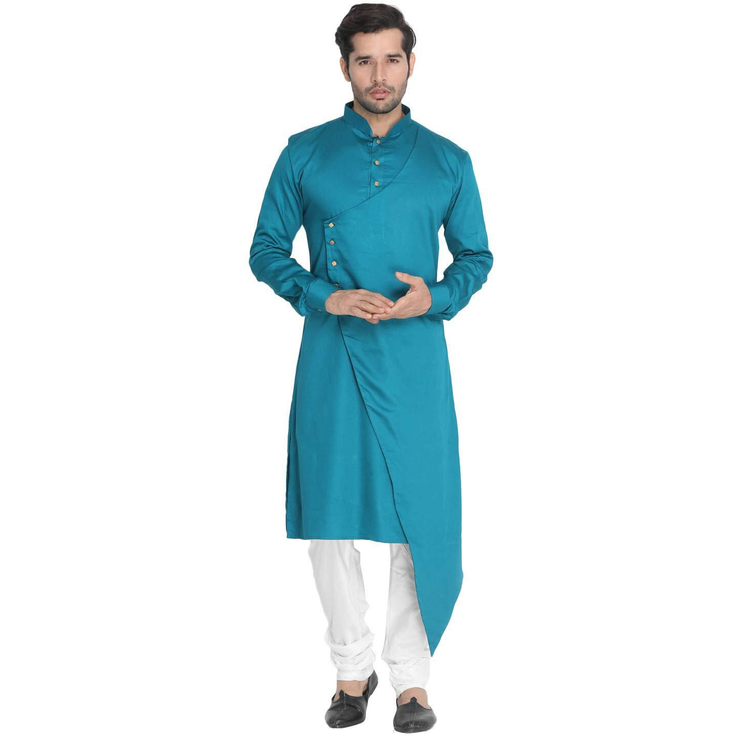 VASTRAMAY Men's Green Cotton Silk Blend Kurta and Pyjama Set_VASMK062GNnPLBCR_42