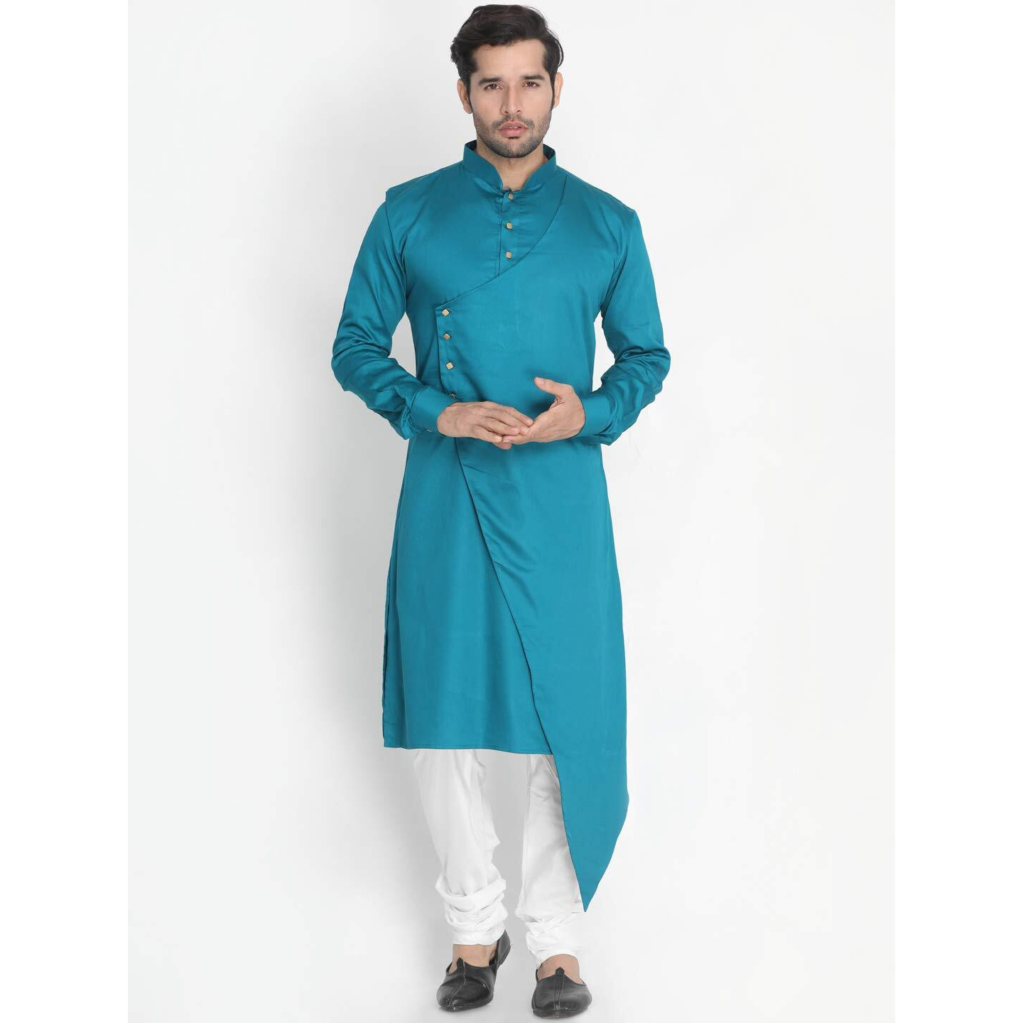 VASTRAMAY Men's Green Cotton Silk Blend Kurta and Pyjama Set_VASMK062GNnPLBCR_42