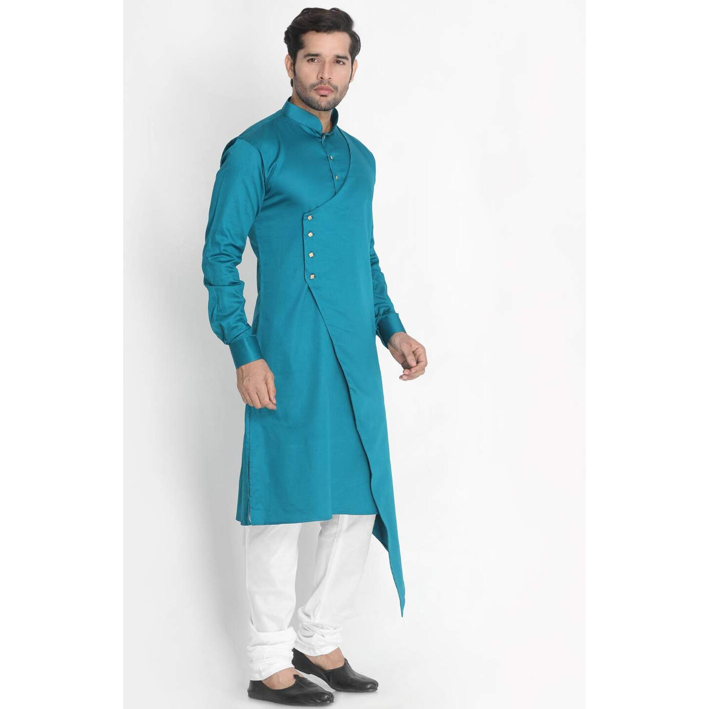 VASTRAMAY Men's Green Cotton Silk Blend Kurta and Pyjama Set_VASMK062GNnPLBCR_42