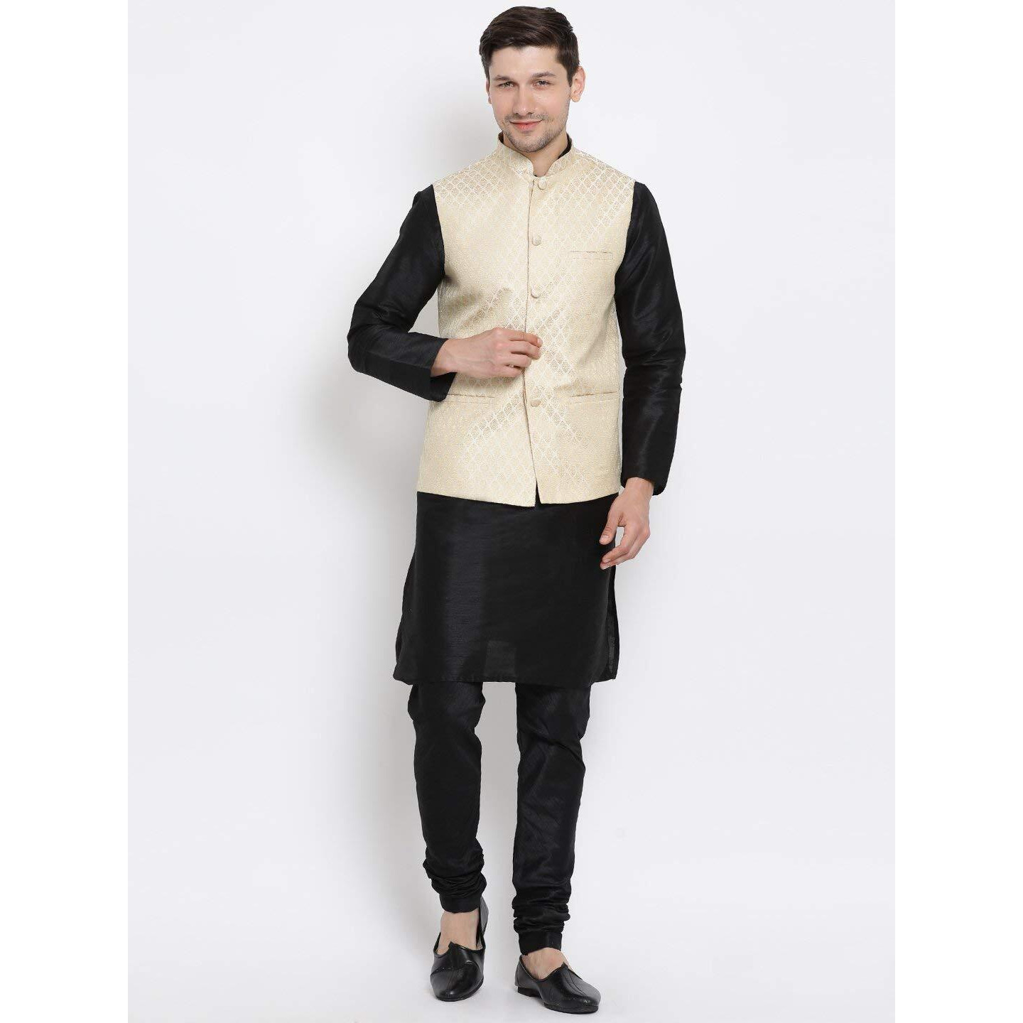 VASTRAMAY Cotton Silk Blend Solid Regular Kurta Set (VASBBJ005CRnKBL001nPBL_40/16_Beige_Man Boy-(12-18 Months))