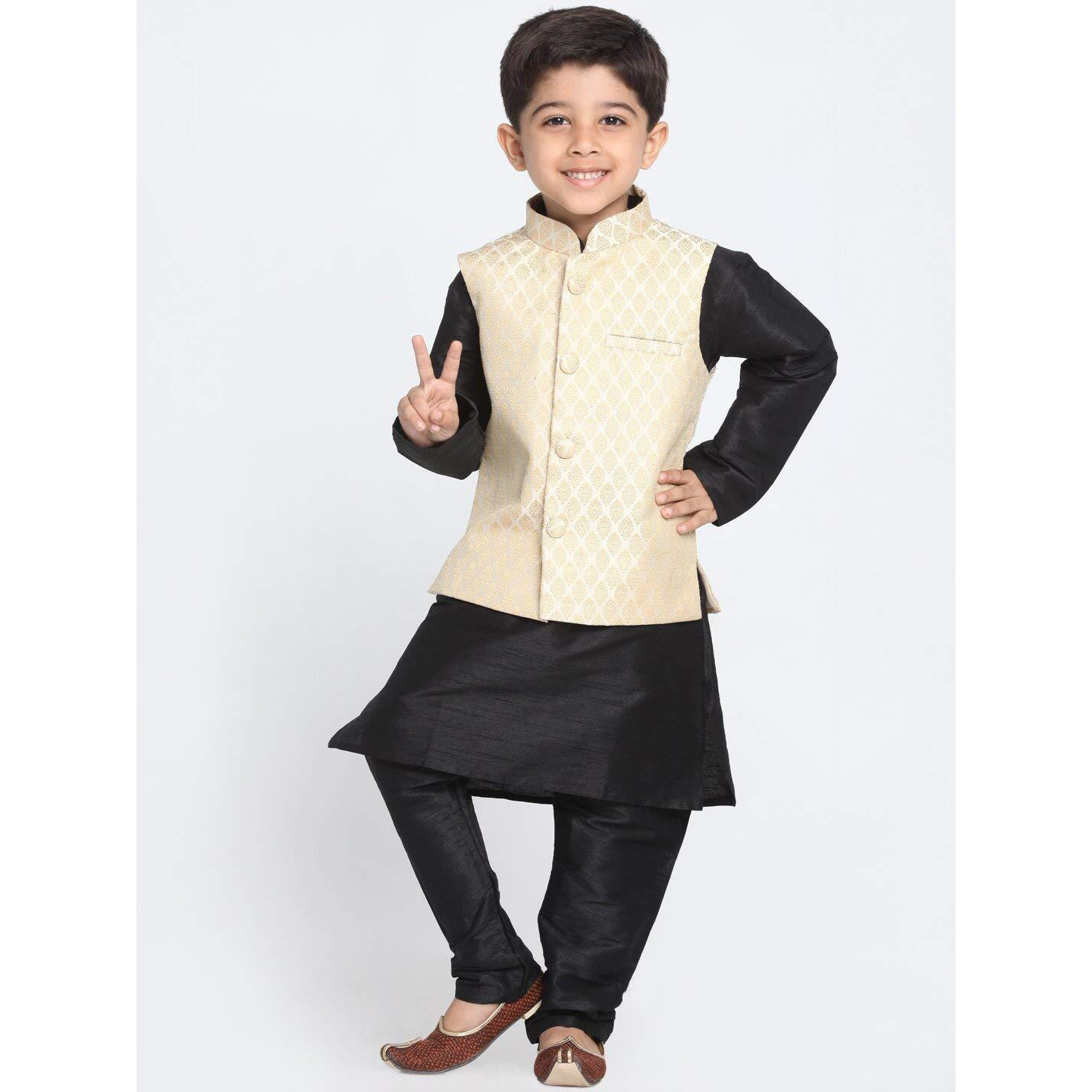 VASTRAMAY Cotton Silk Blend Solid Regular Kurta Set (VASBBJ005CRnKBL001nPBL_40/16_Beige_Man Boy-(12-18 Months))