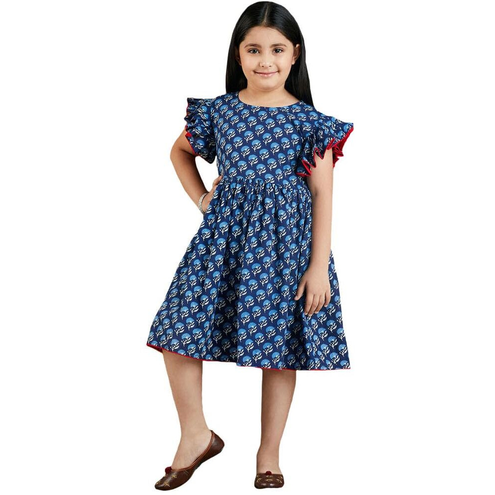 VASTRAMAY Girls' Indigo Blue Floral Print Dress_VASGK031BU_24