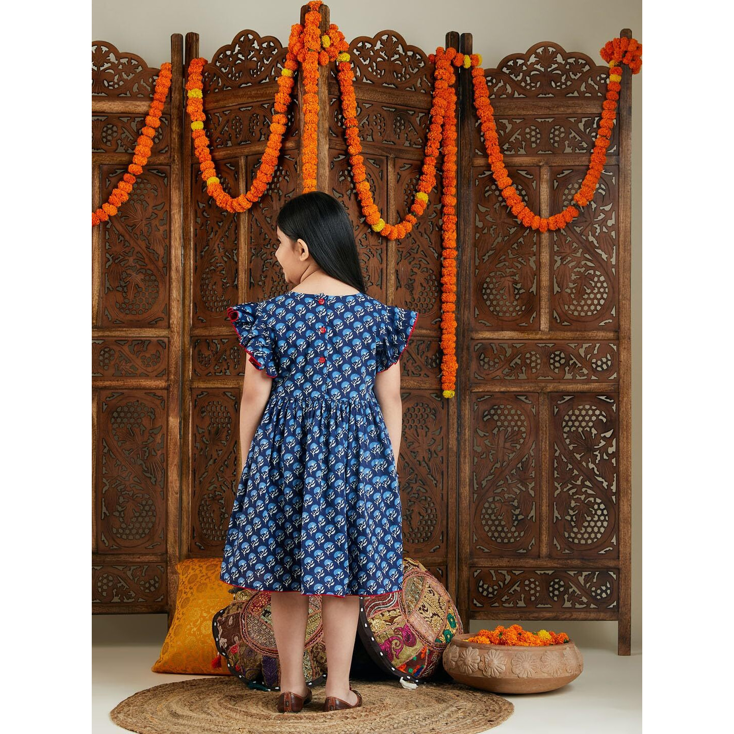 VASTRAMAY Girls' Indigo Blue Floral Print Dress_VASGK031BU_24