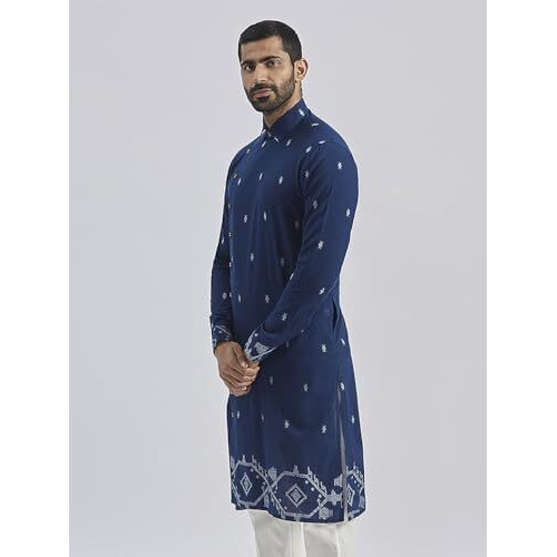 VASTRAMAY Men's Navy Blue Cotton Kurta - Cotton Jamdani Jacquard Kurta