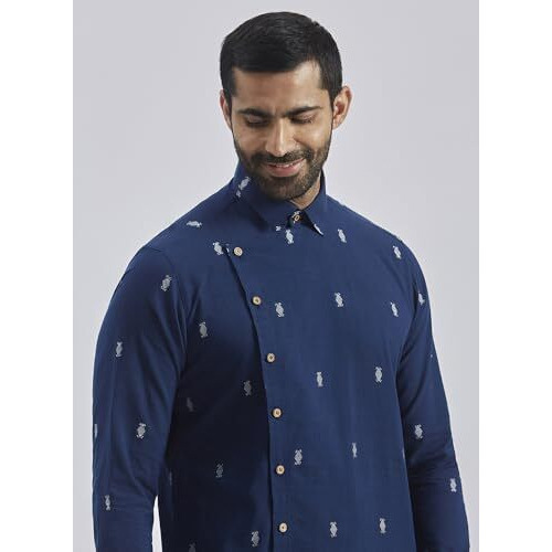 VASTRAMAY Men's Navy Blue Cotton Kurta - Cotton Jamdani Jacquard Kurta
