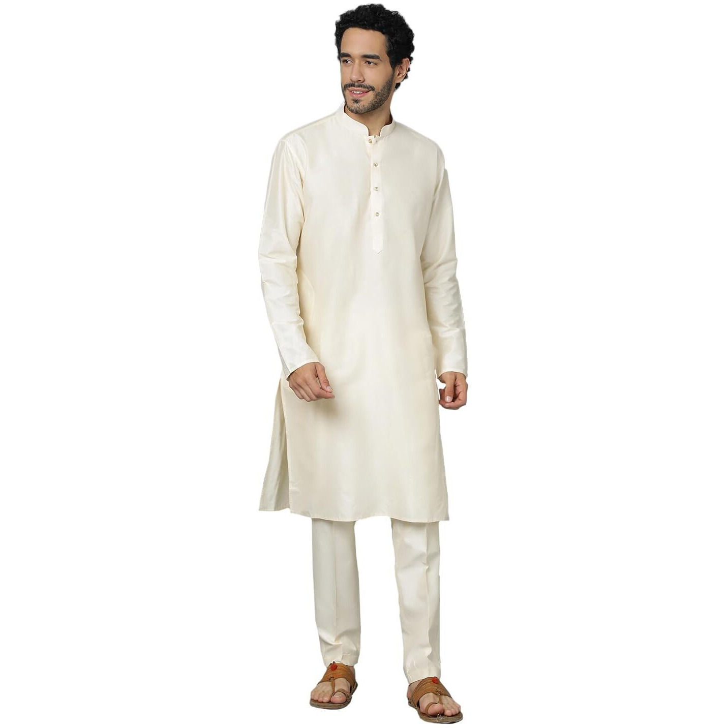VASTRAMAY Men's Viscose Kurta Pyjama Set I Solid Plain Weave Design I Supreme Solids Indated Traditions Festive Kurta and Pyjama Set_VSHRMK169CRnPANT011CR_42