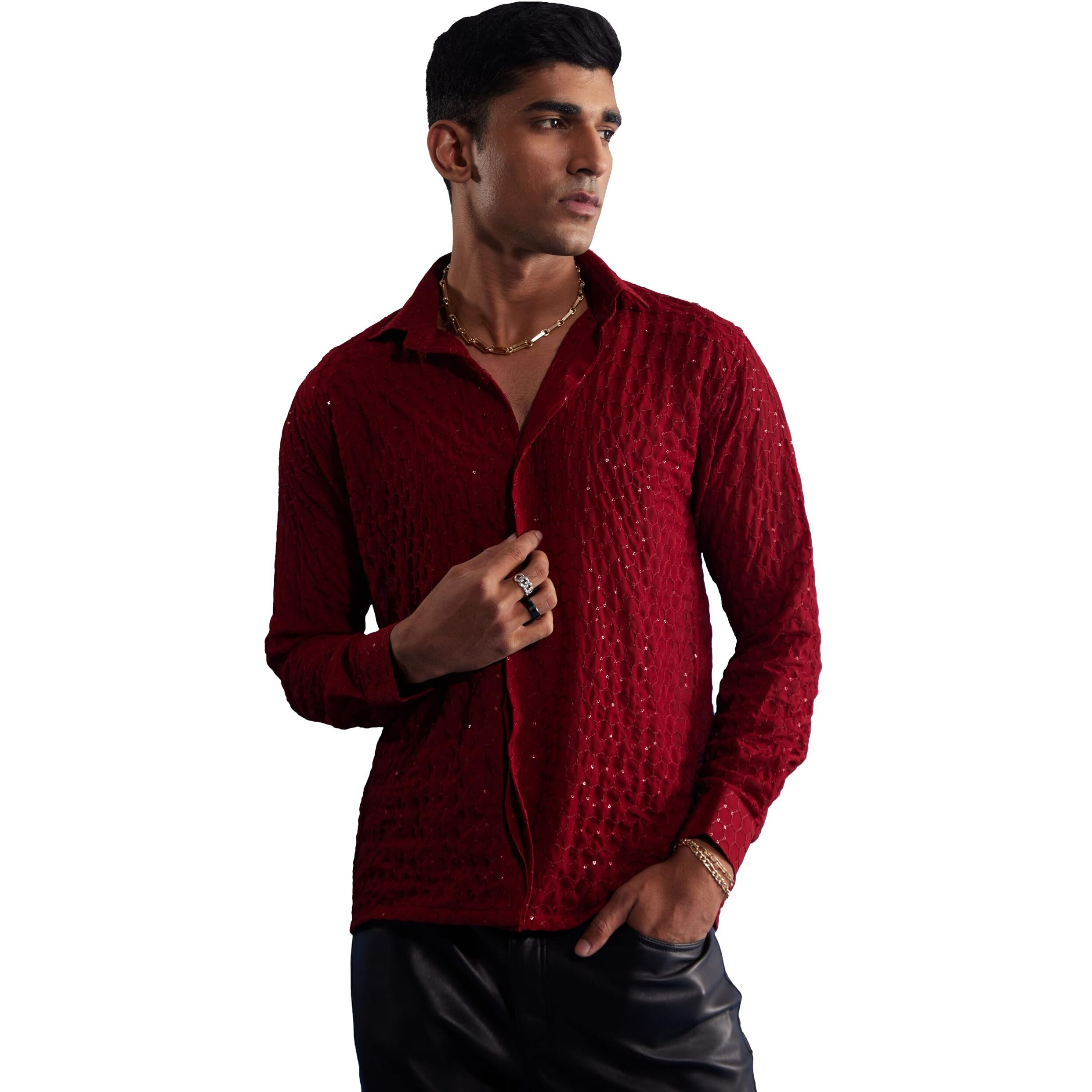 VASTRAMAY Men's Maroon Georgette Ethnic Shirt_VASMSH209MA_42