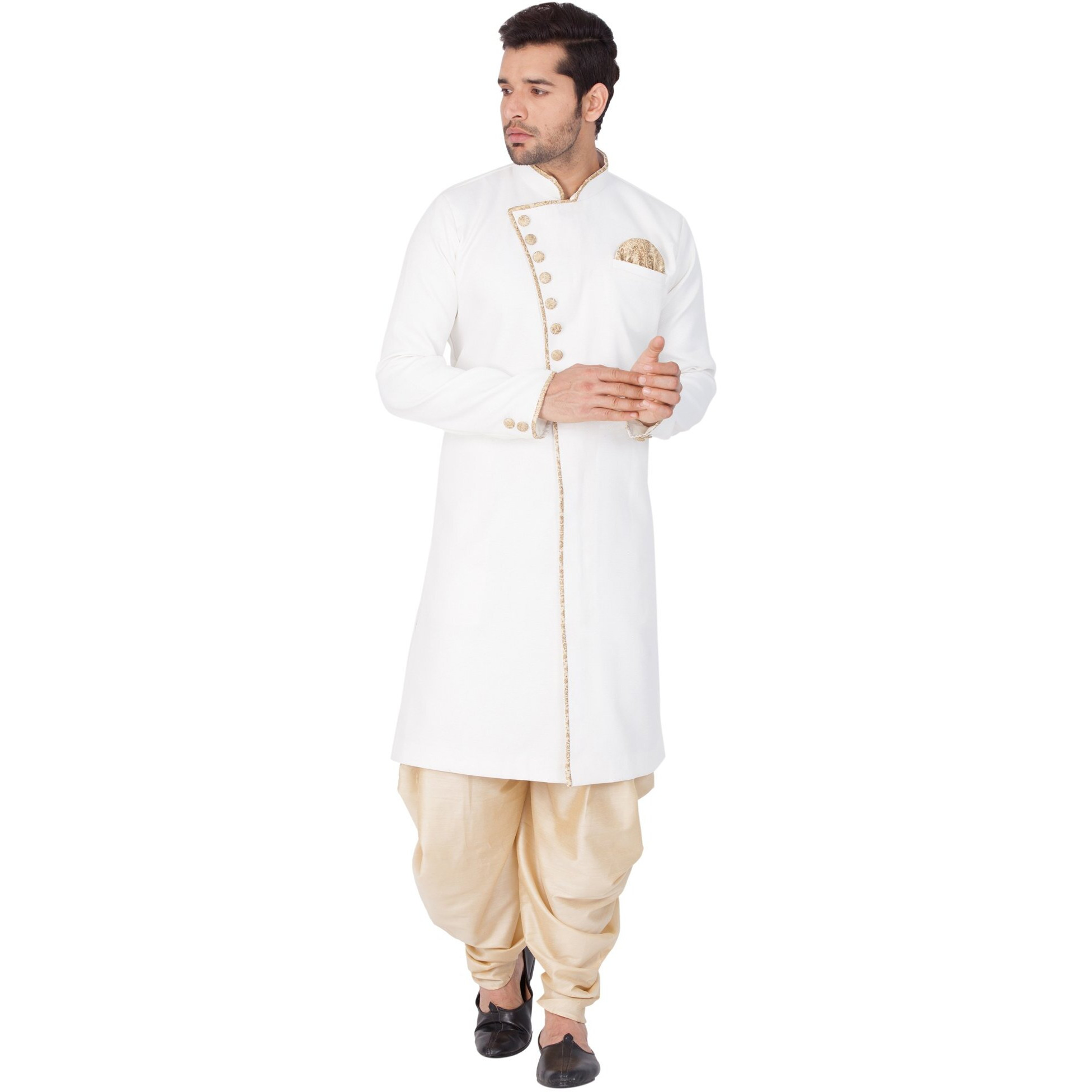 VASTRAMAY VM Mens Cotton Blend White Sherwani Patiala Dhoti Set - Regal Ethnic Ensemble for Weddings and Festivals_VASMSW123nCDGO_46