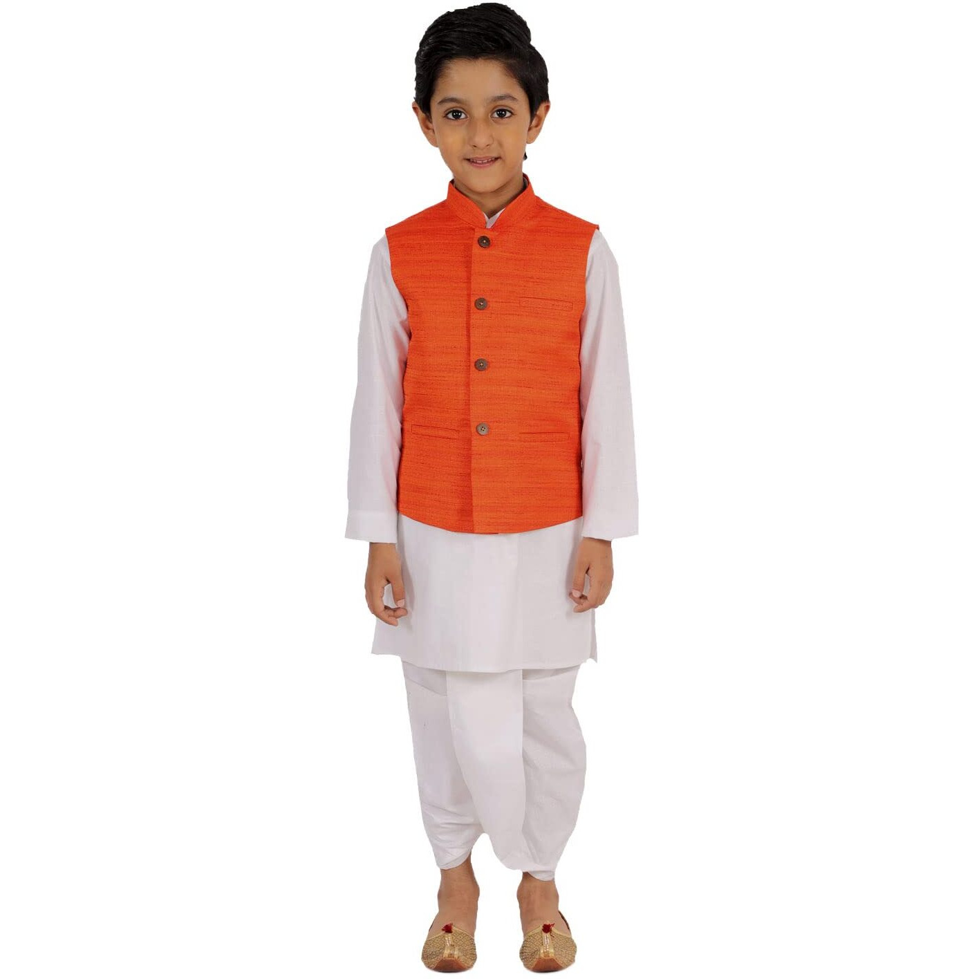 VASTRAMAY Boys' Orange And White Jacket, Kurta and Dhoti Set (VASBJ121ORnBK122WHnBDT015WH_Age-6-7 Years_Orange And White)