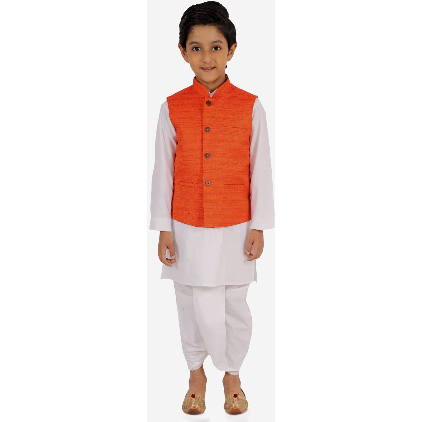 VASTRAMAY Boys' Orange And White Jacket, Kurta and Dhoti Set (VASBJ121ORnBK122WHnBDT015WH_Age-6-7 Years_Orange And White)