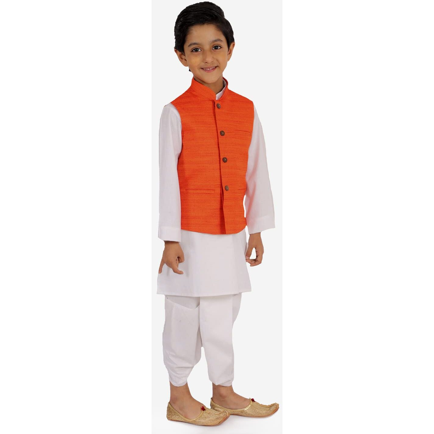 VASTRAMAY Boys' Orange And White Jacket, Kurta and Dhoti Set (VASBJ121ORnBK122WHnBDT015WH_Age-6-7 Years_Orange And White)