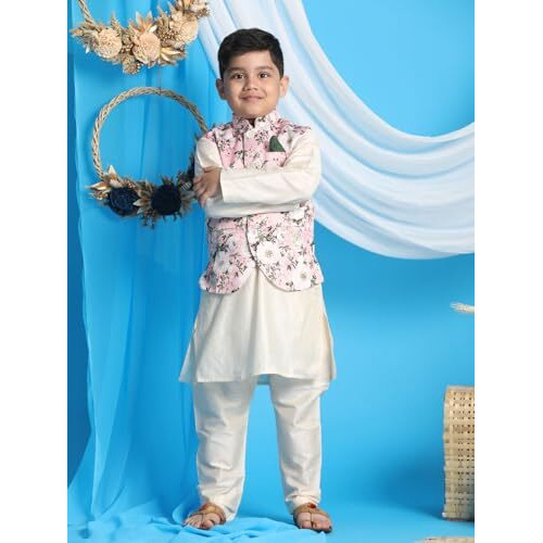 VASTRAMAY Boys' Pink And Cream Jacket, Kurta and Pyjama Set_VASBJ055PNnBK091CRnBVPCR_34