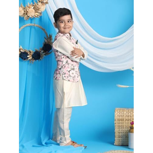 VASTRAMAY Boys' Pink And Cream Jacket, Kurta and Pyjama Set_VASBJ055PNnBK091CRnBVPCR_34