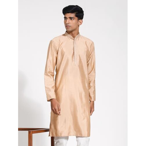 VASTRAMAY Men's Cream Silk Blend Kurta I Jacquard Embroidery Knee Length Kurta I Fastive Party Wedding Traditions Kurta_VASMK278CR_40