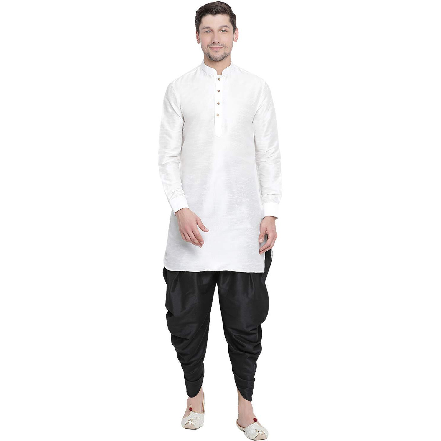 VASTRAMAY Men's White Cotton Silk Blend Kurta and Dhoti Pant Set_VASMUK001WHnCDBL_38