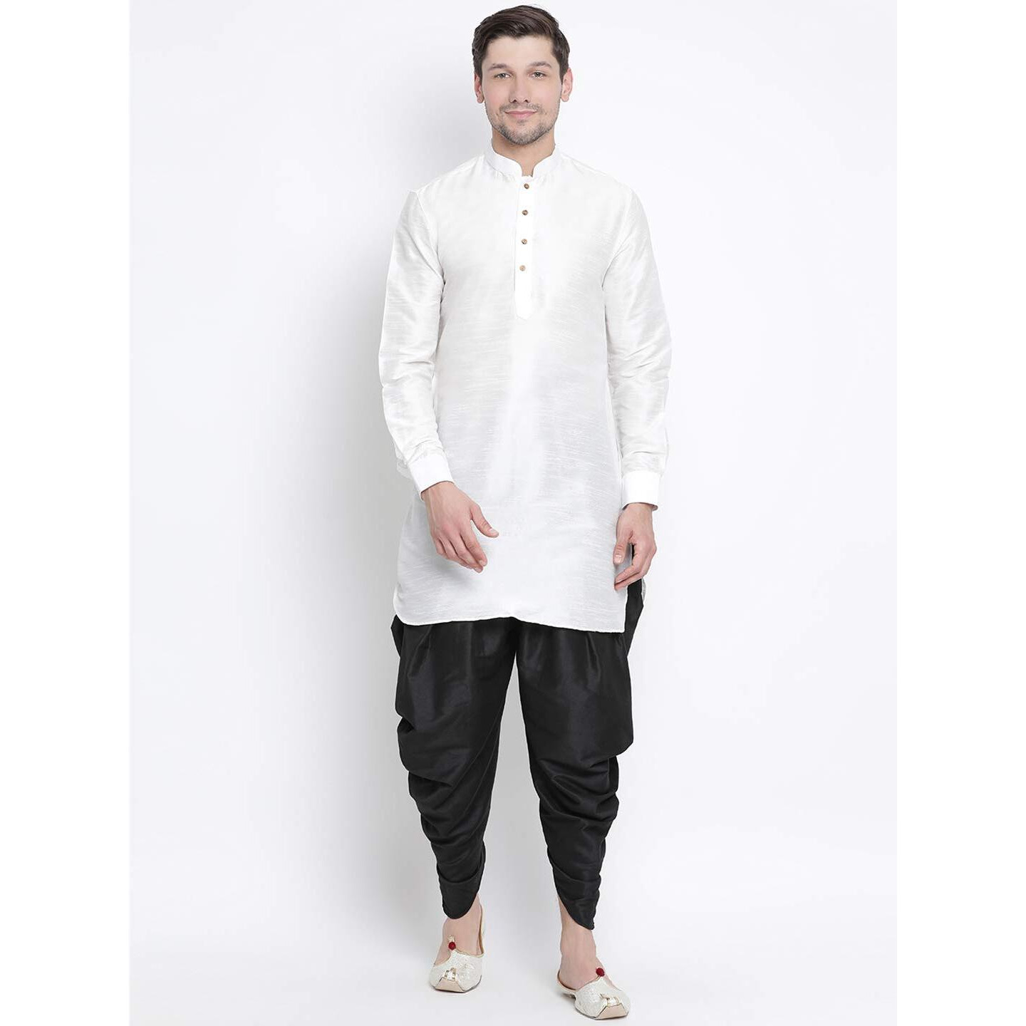VASTRAMAY Men's White Cotton Silk Blend Kurta and Dhoti Pant Set_VASMUK001WHnCDBL_38