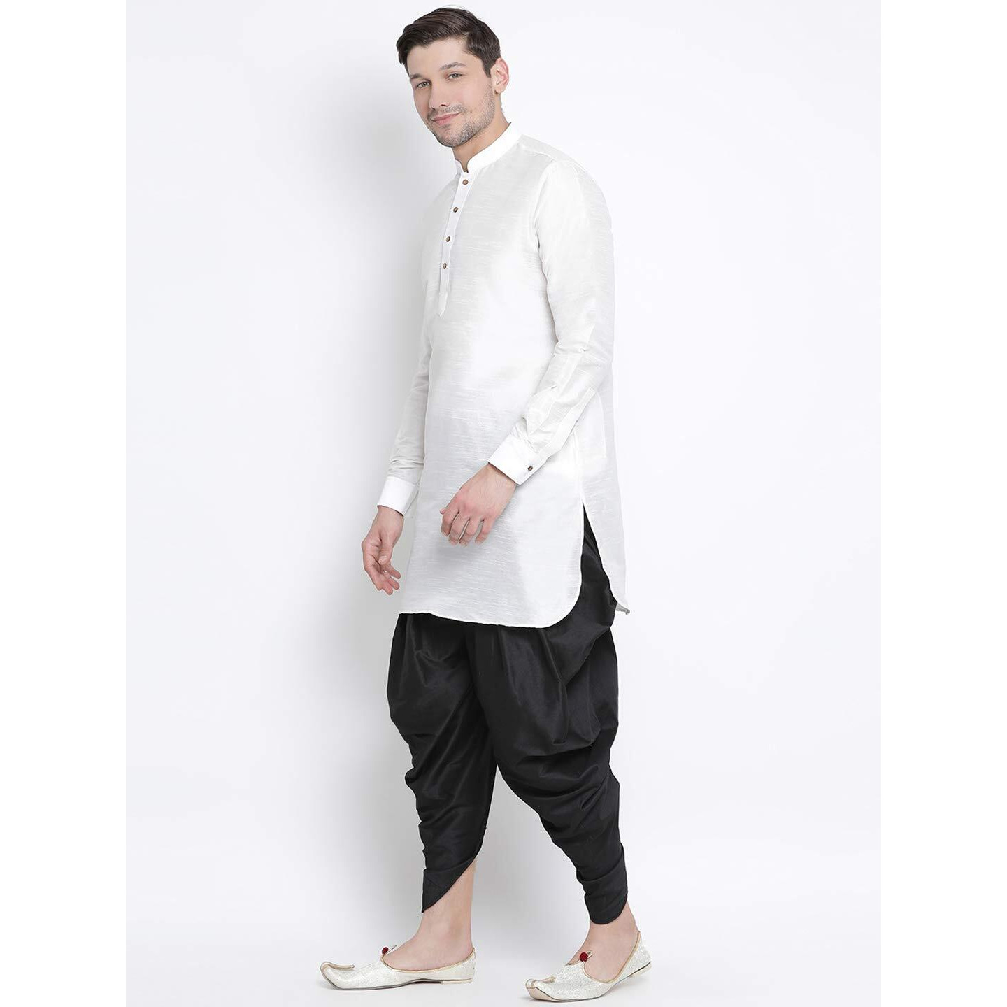 VASTRAMAY Men's White Cotton Silk Blend Kurta and Dhoti Pant Set_VASMUK001WHnCDBL_38