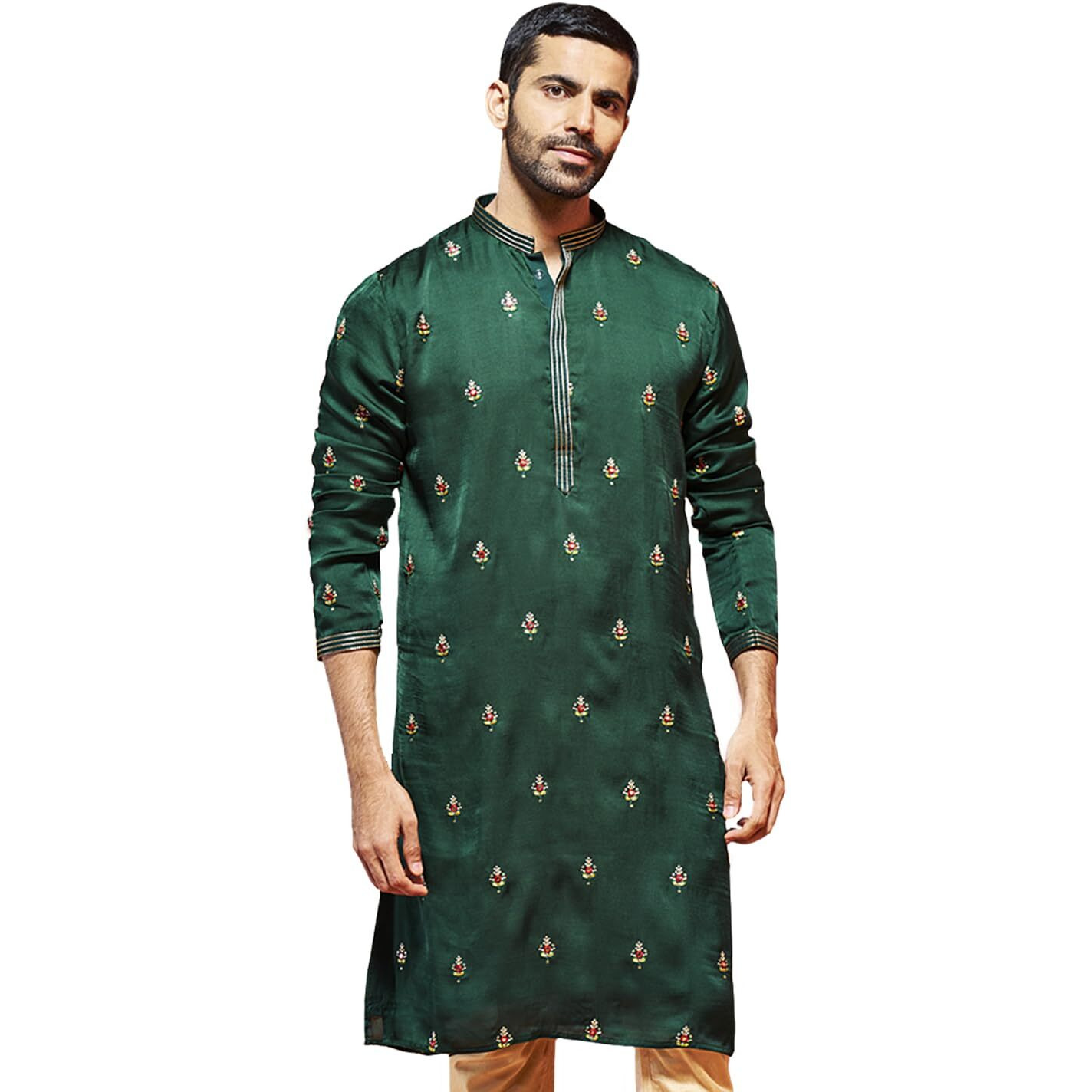 VASTRAMAY Men's Bottle Green Silk Blend Kurta | Silk Blend Embroidered KurtaFor Men.