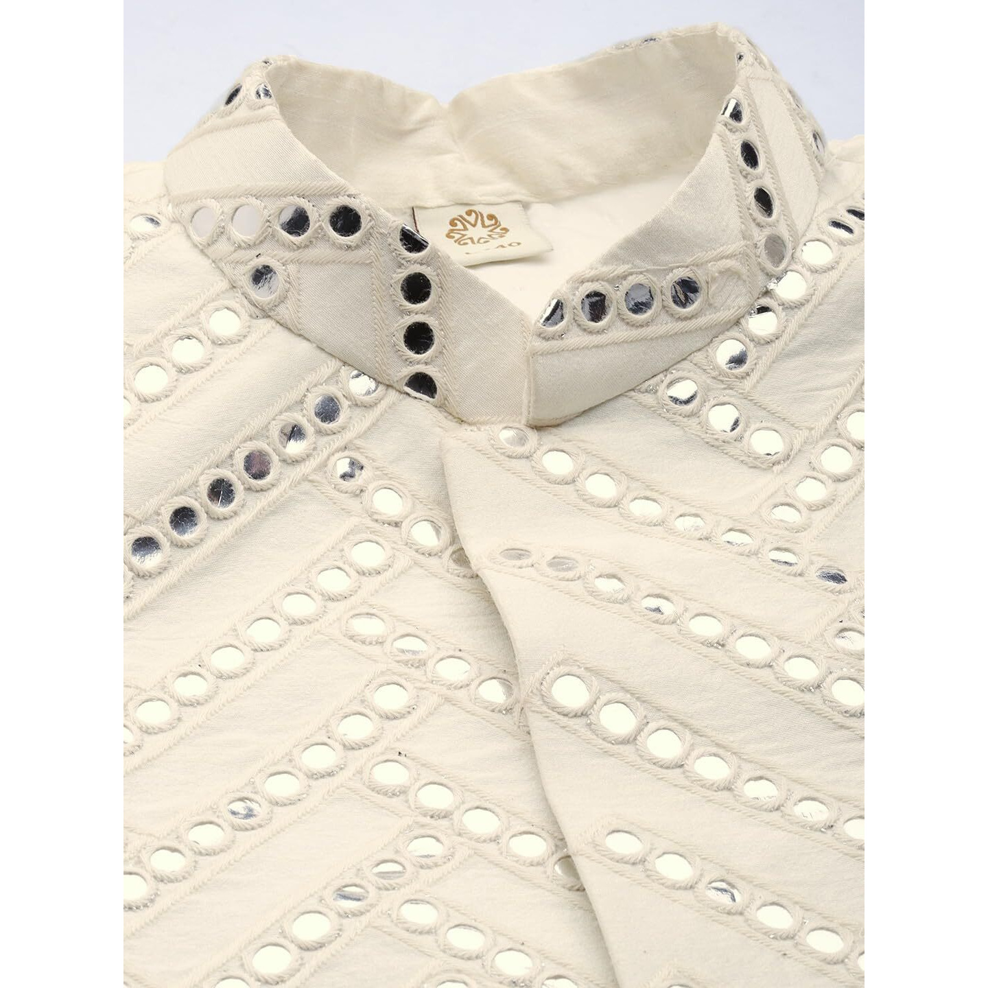 VASTRAMAY Men Cream-Coloured Chevron Embroidered Mirror Work Indo Western Sherwani Set_VASMIW026CRnPANT002CR_38