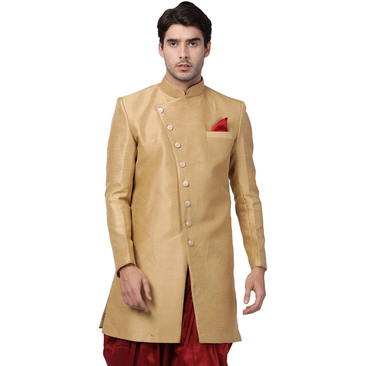VASTRAMAY Men's Beige Silk Blend Sherwani Only Top_VASMIW005BG_40