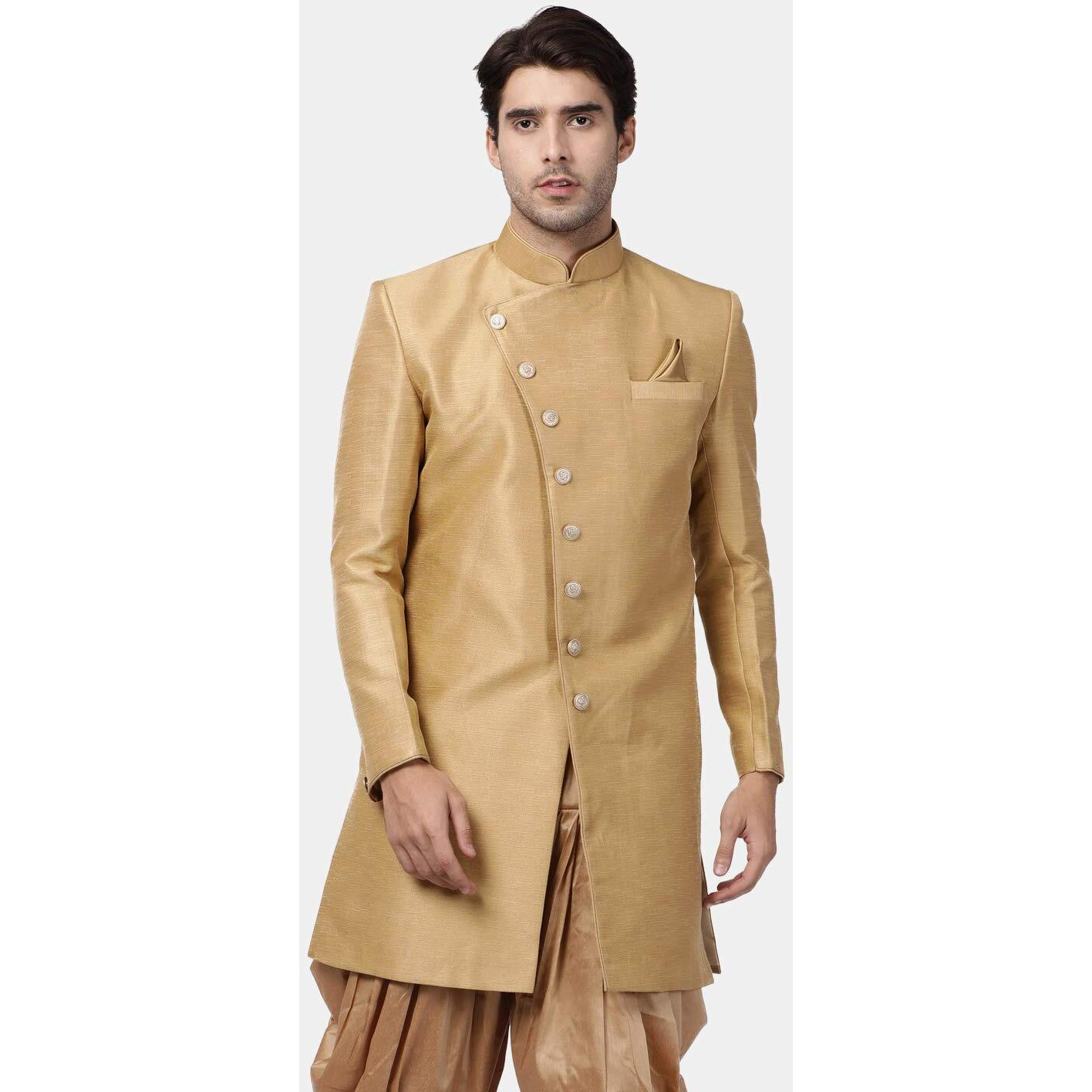 VASTRAMAY Men's Beige Silk Blend Sherwani Only Top_VASMIW005BG_40