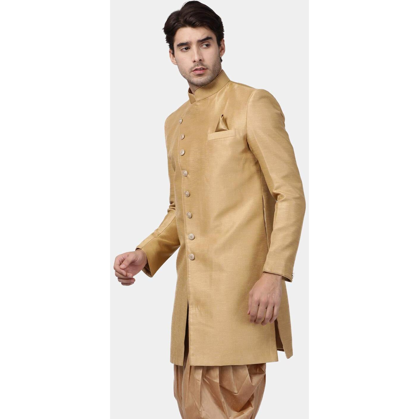 VASTRAMAY Men's Beige Silk Blend Sherwani Only Top_VASMIW005BG_40