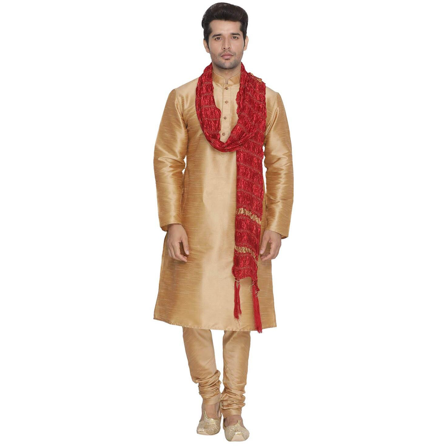 VASTRAMAY Men Gold Cotton Silk Kurta Pyjama and Dupatta Set (VASMKRG001nPRGnD5MA_38)