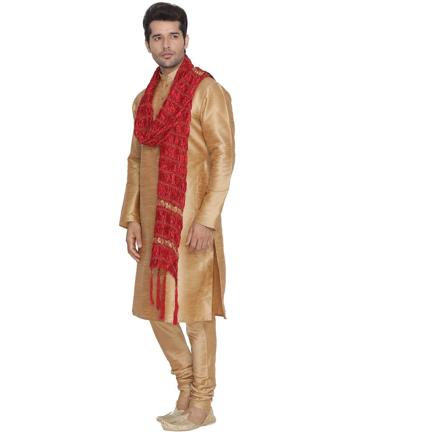 VASTRAMAY Men Gold Cotton Silk Kurta Pyjama and Dupatta Set (VASMKRG001nPRGnD5MA_38)