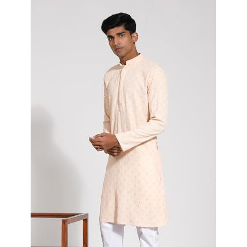 VASTRAMAY Men's Rayon Kurta I Schiffily Embroidered Knee Length Kurta I Traditions Festive Wedding_VASMK430PH_36 Peach