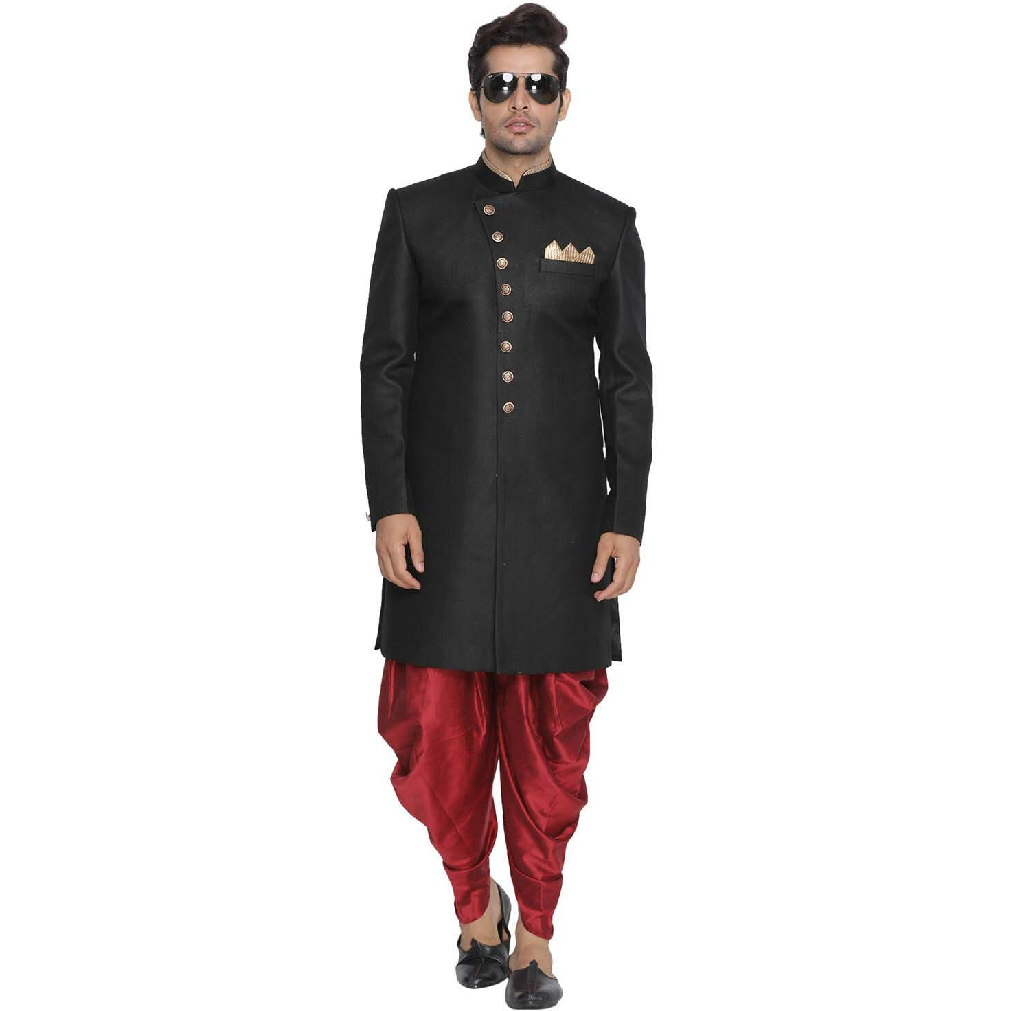 VASTRAMAY Men Black Jute Cotton Sherwani and Cow Style Dhoti Pant set (VASMIW001BLnCDMA_46)