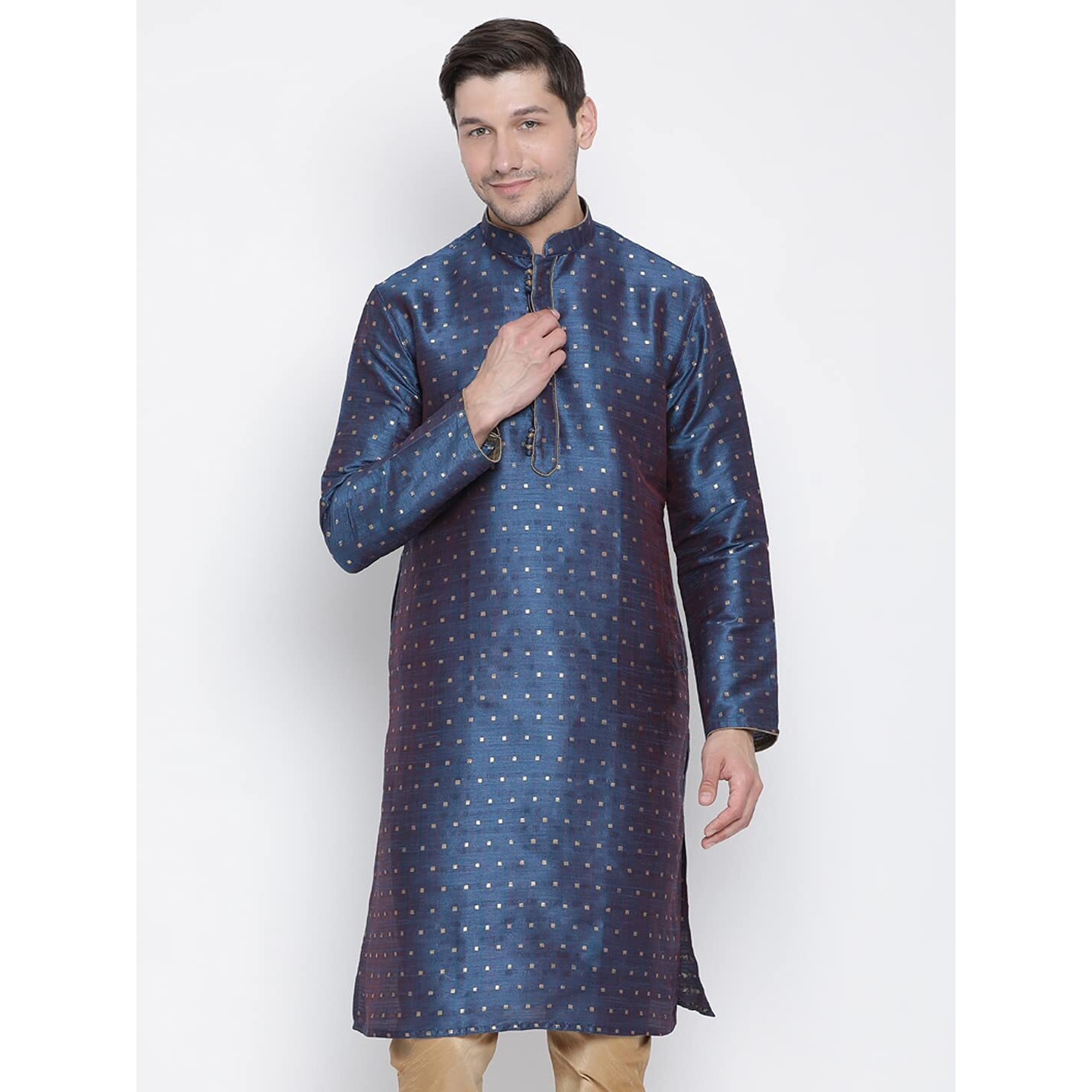 VASTRAMAY Men's Blue Cotton Silk Blend Kurta_VASMK023BU_40