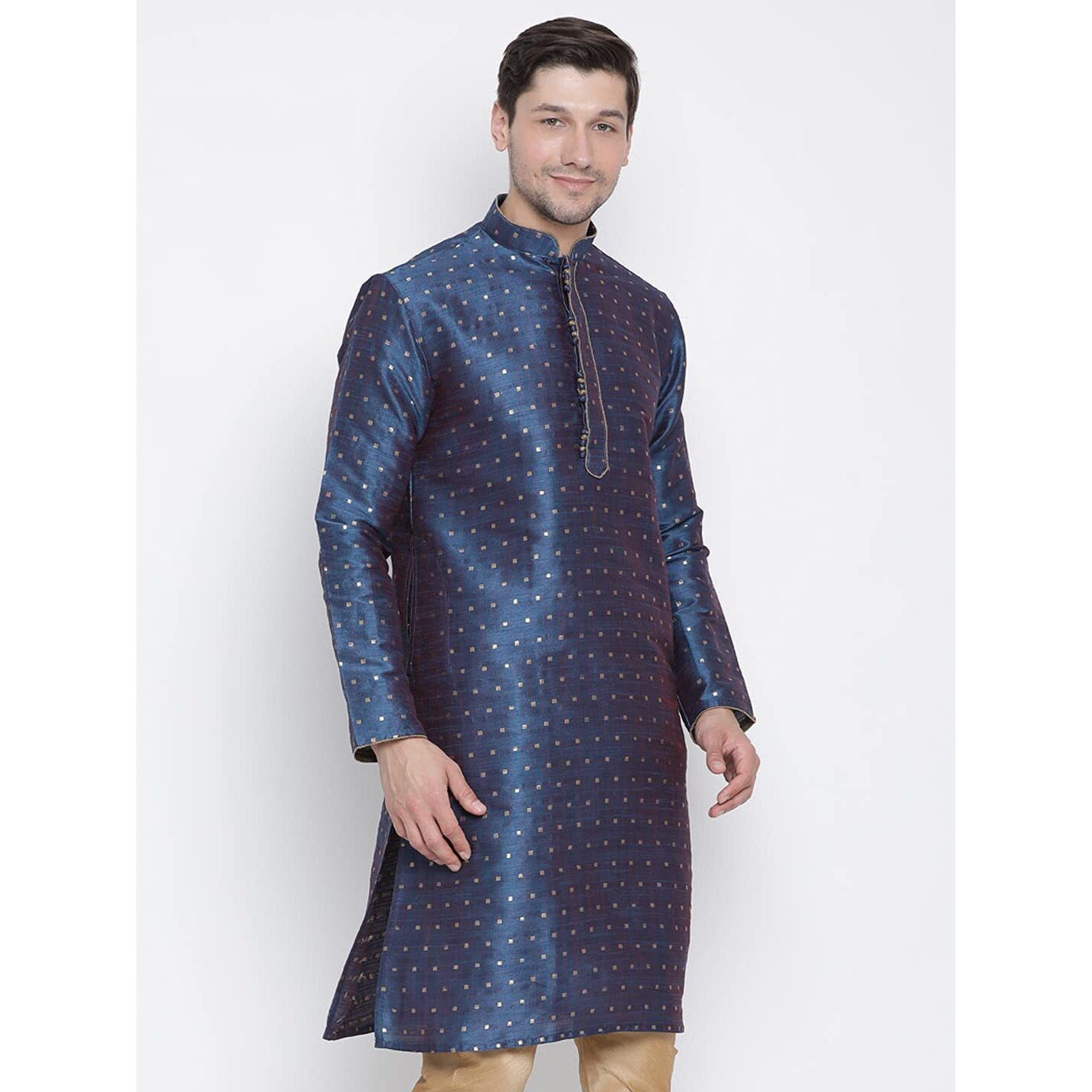 VASTRAMAY Men's Blue Cotton Silk Blend Kurta_VASMK023BU_40