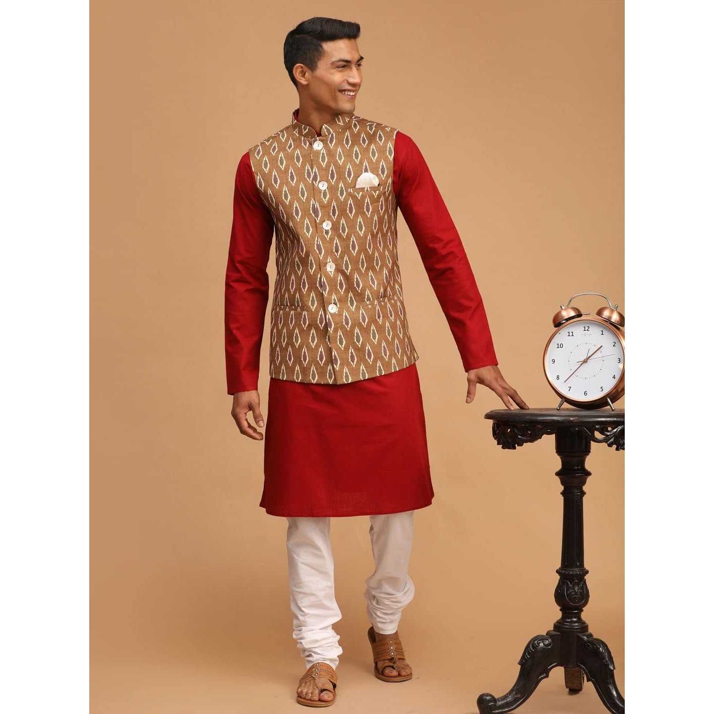 VASTRAMAY Men's Maroon, Green And White Cotton Blend Jacket, Kurta and Pyjama Set-VASMJ060GNnK007MAnPCWH_38
