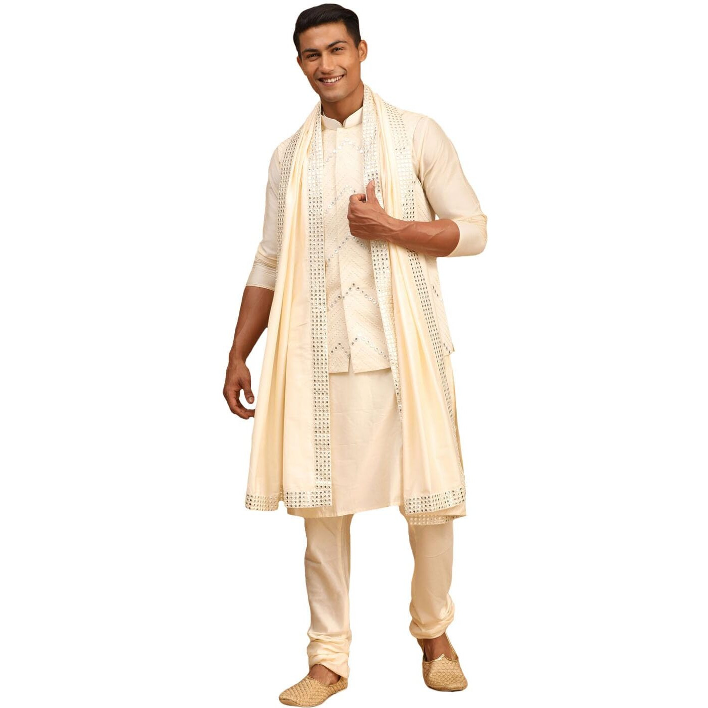 VASTRAMAY Men's Cream Viscose Jacket, Kurta and Pyjama Set | Mirror Work Chevron Pattern Chic Jacket Kurta Pyjama And Dupatta set