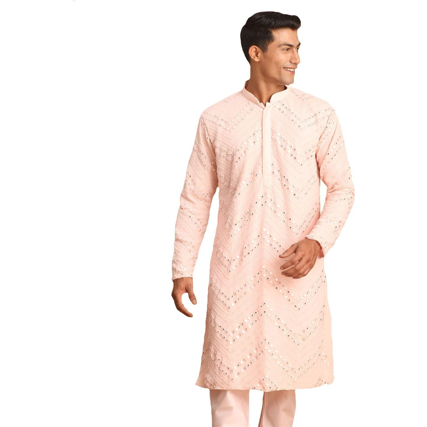 VASTRAMAY Men's Pink Georgette Kurta Pyjama Set | Mirror Work Georgette Kurta for Men. | Timeless Elegance for Festivals & Events | Classic Design, Premium Comfort, and Versatile Style
