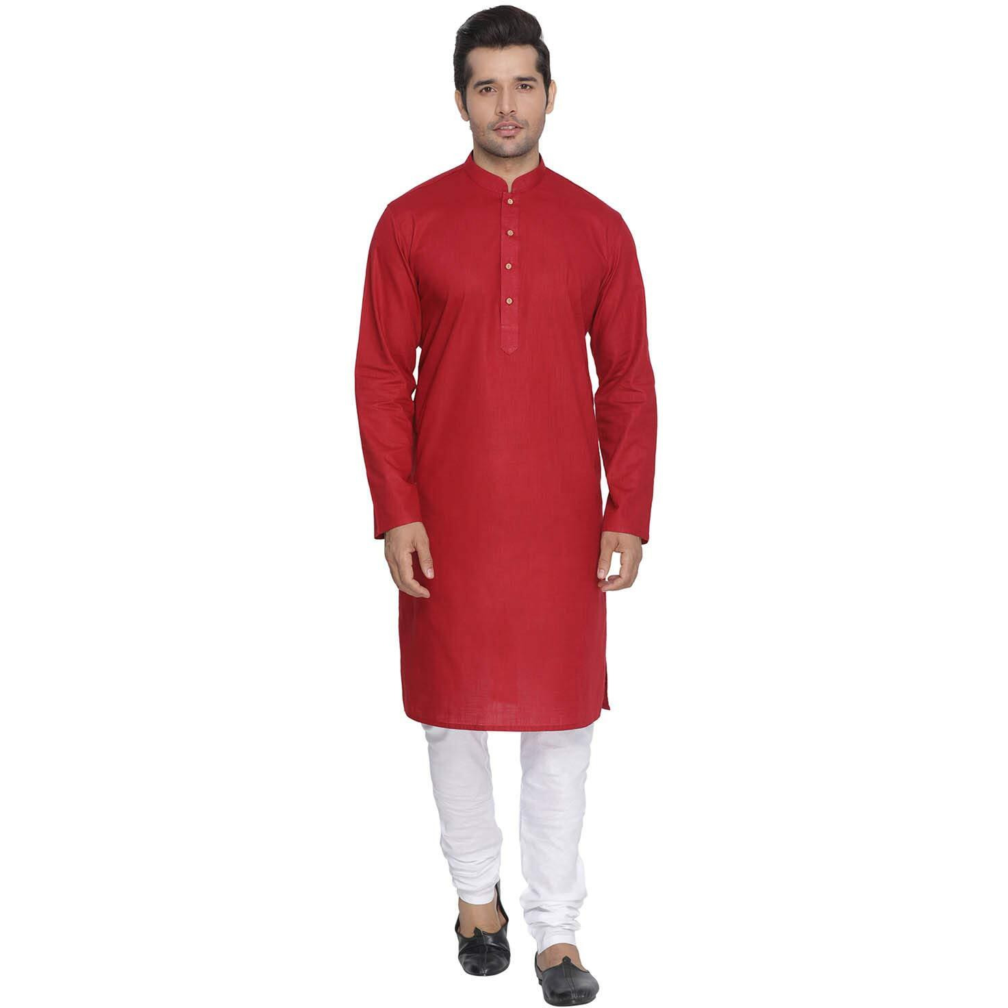 VASTRAMAY Men Maroon Cotton Kurta and Pyjama Set (VASMK007MAnPCWH_44)
